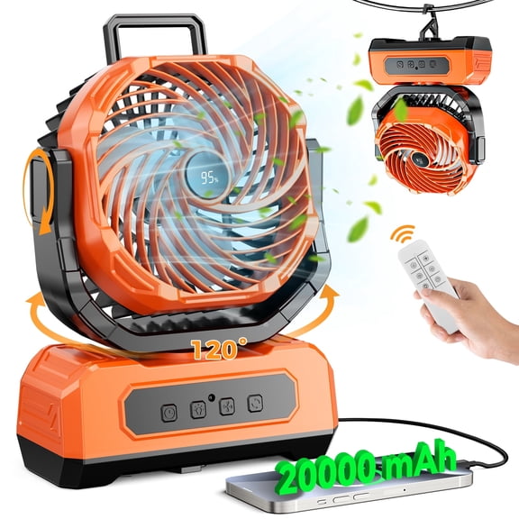 3-in-1 Camping Fan, Portable Fans Rechargeable, Auto Oscillation, 20000mAh Battery Powered Fan with Light & Remote for Indoor, Outdoor, Tent, Travel, BBQ, Fishing, Jobsite - Orange