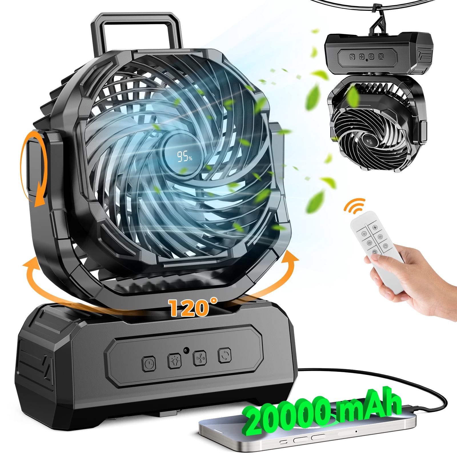 3-in-1 Camping Fan, Portable Fans Rechargeable, Auto Oscillation, 20000mAh  Battery Powered Fan with Light & Remote for Indoor, Outdoor, Tent, Travel, BBQ, Fishing, Jobsite - Black