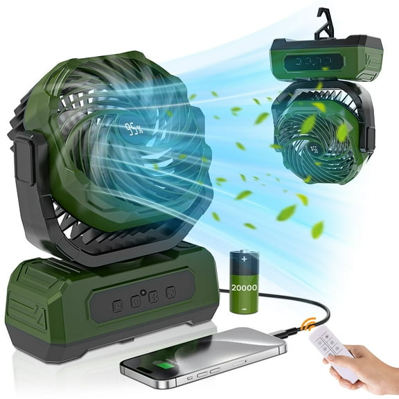 3-in-1 Camping Fan,Portable Fans Rechargeable , 20000mAh  Battery Powered Fanwith Light & Remote for Indoor, Outdoor, Tent, Travel, BBQ, Fishing, Jobsite - Green