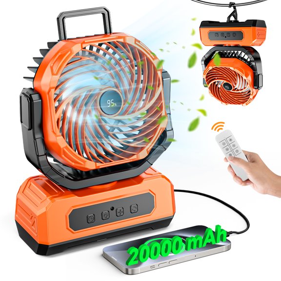 3-in-1 Camping Fan,Portable Fans Rechargeable , 20000mAh  Battery Powered Fanwith Light & Remote for Indoor, Outdoor, Tent, Travel, BBQ, Fishing, Jobsite - Orange