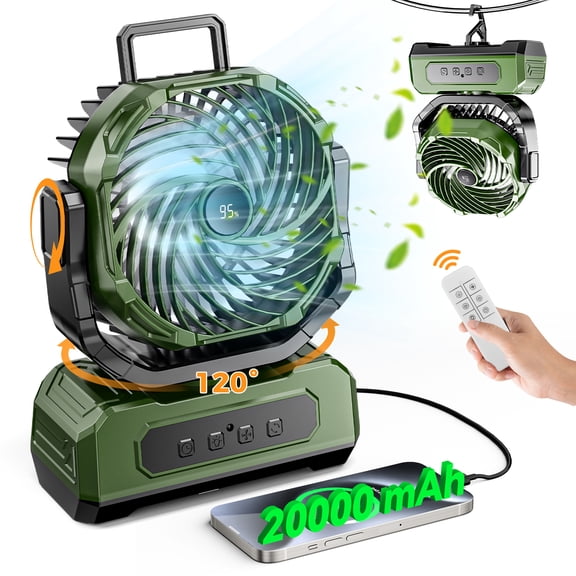 3-in-1 Camping Fan,Portable Fans Rechargeable , 20000mAh  Battery Powered Fanwith Light & Remote for Indoor, Outdoor, Tent, Travel, BBQ, Fishing, Jobsite - Green