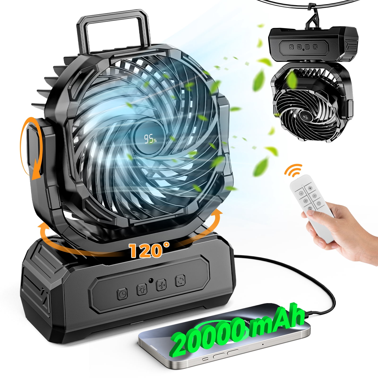 3-in-1 Camping Fan,Portable Fans Rechargeable , 20000mAh  Battery Powered Fanwith Light & Remote for Indoor, Outdoor, Tent, Travel, BBQ, Fishing, Jobsite - Black