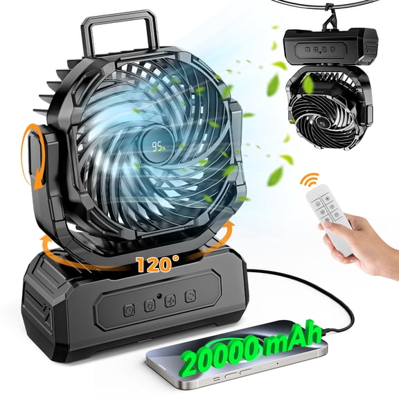 3-in-1 Camping Fan,Portable Fans Rechargeable , 20000mAh  Battery Powered Fanwith Light & Remote for Indoor, Outdoor, Tent, Travel, BBQ, Fishing, Jobsite - Black