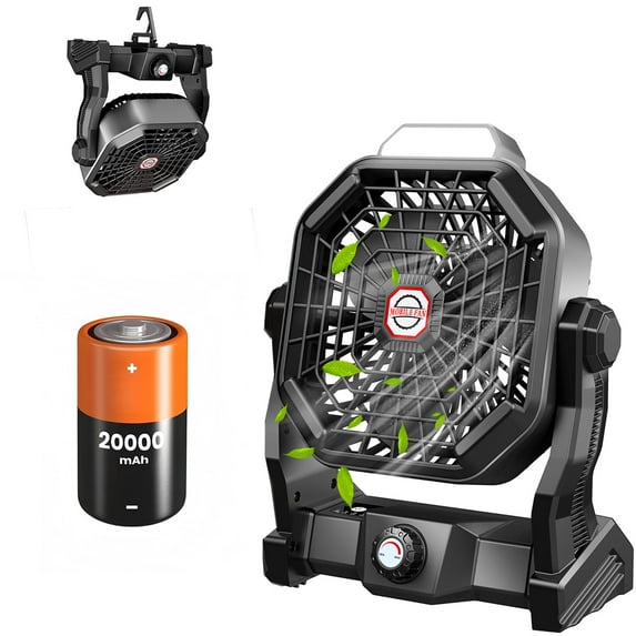 JINLICTE Camping Fan with LED Lantern, 20000 mAh 9 Inch Portable Rechargeable Battery Powered Fan with Stepless Speed and Quiet Battery Operated for Picnic, Barbecue, Fishing,Home, Tent Black