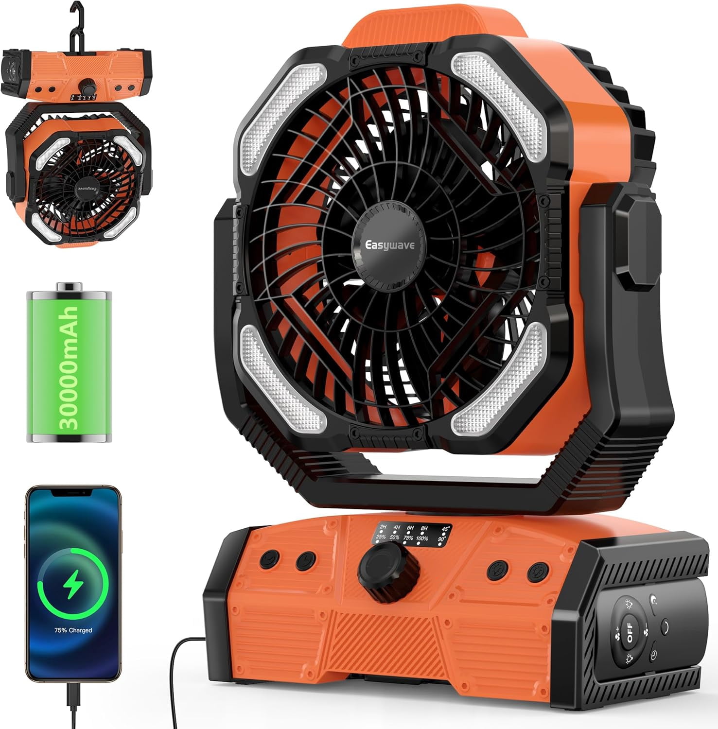Camping Fan with LED Lantern: 30000mAh Rechargeable Battery Powered Outdoor Tent, Oscillating Fan with 360 Hanging Hook, Personal USB Desk Fan for Camping, Power Outage, Hurricane, Jobsite
