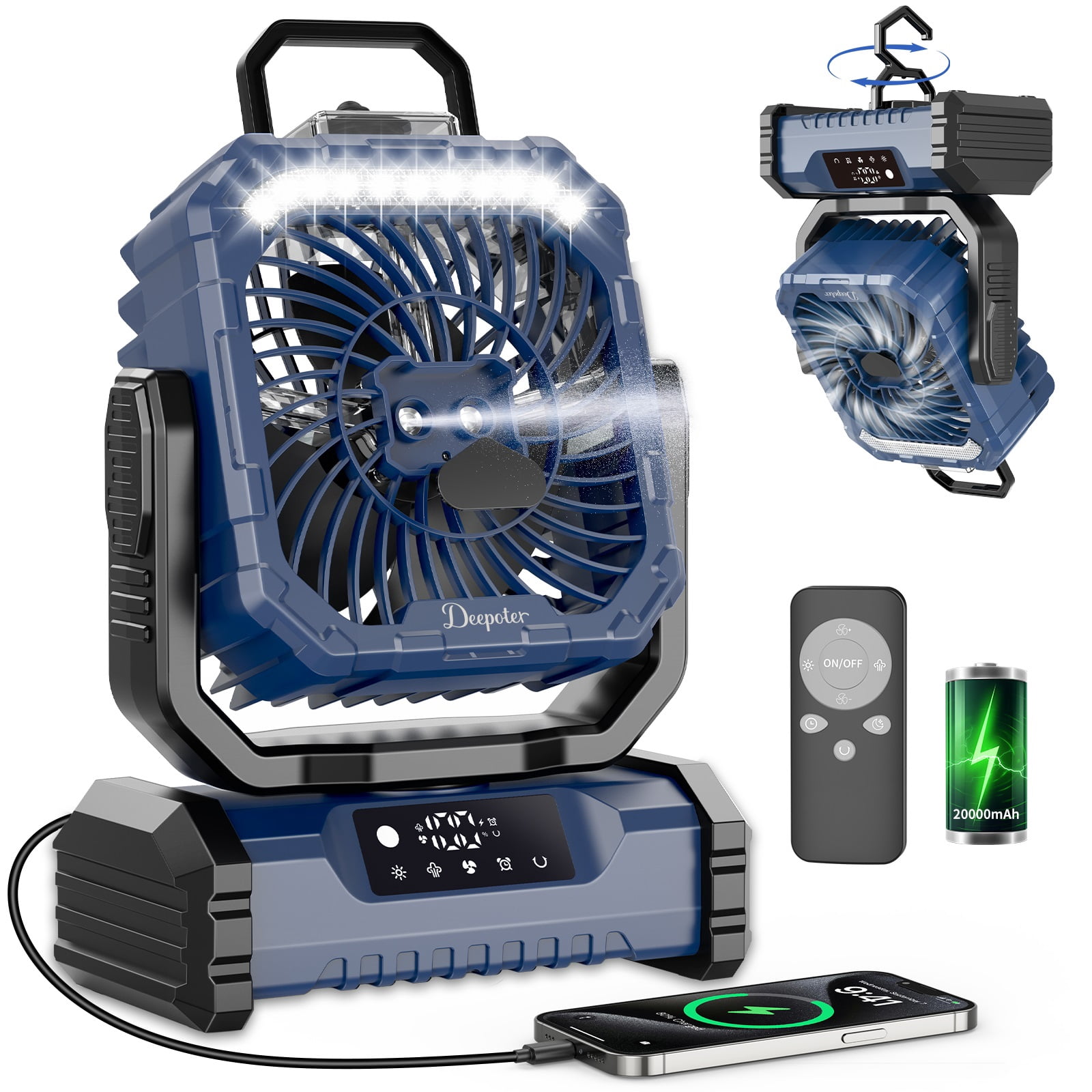 Camping Fan with LED Light, 20000mAh Battery Operated Rechargeable Camping Misting Fan with Hanging Hook, Outdoor Tent Cooling Mist Fans for Home, Office, Car RV, Garden, Travel, Beach - Blue