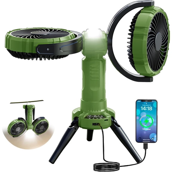 Camping Fan with Light,10000 mAh Rechargeable Battery Powered Tent Ceiling Cooler Fans,270 Oscillating 360Rotating Portable Camping Essentials Gear for Outdoor Canopy,Travel(Deep Green)