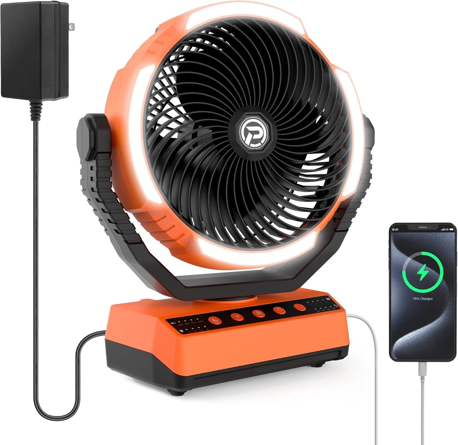 Camping Fan with Light, 20000mAh Rechargeable Battery, Auto-Oscillating, Remote for Tent, Travel, Power Outage, Jobsite,Charger Adapter Included, 8 inch, Orange