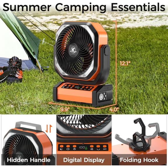 Camping Fan with Light - 20000mAh Rechargeable Battery Fan, 112Hrs Max Run Time, 8 Speeds, Digital Display, Timer, Auto Oscillation, 270 ° Pivot & Hook for Camping, Power Outage, Hurricane (Orange)