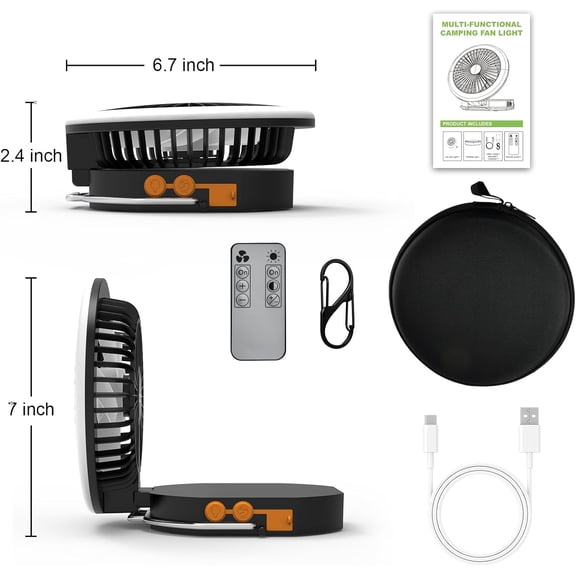 Camping Fan Light with Remote - 6000mAh x2 Rechargeable Battery, 24H Max Run Time, 2000LM, 3 Light Modes & Stepless Dimming, Ultra-Quiet, Includes Carry Bag