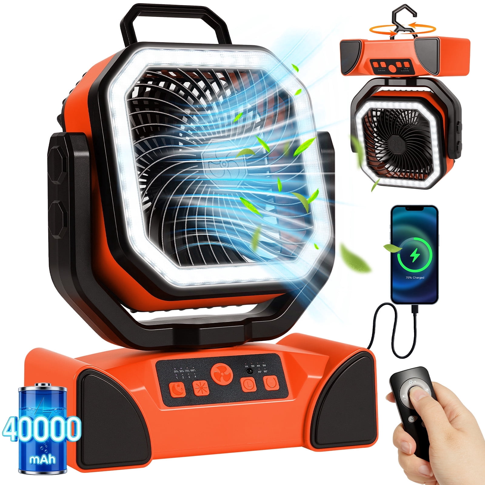 Camping Fan, 40000mAh Rechargeable Portable Fan with LED Lantern,Battery Powered Fan with 270°Head Rotation, 4 Speed Fan for Tents, Picnic, BBQ, Fishing, Outdoor