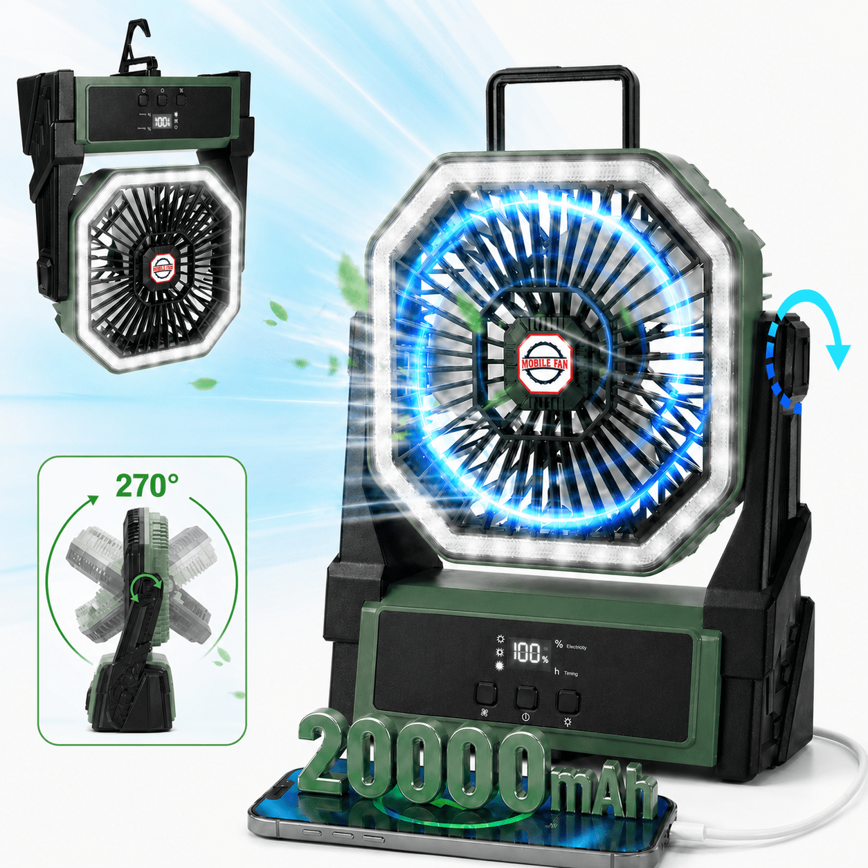 Henotian Camping Fan,Portable Fan for Travel, 20000mAh Rechargeable Desk fan, Battery Operated Fan with Hanging Hook for Tent,Office,Travel,Fishing,Picnic