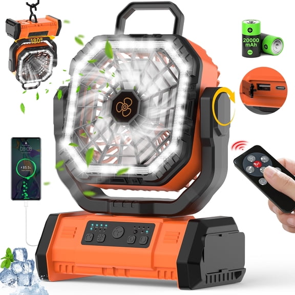 Camping Fan,Portable Outdoor Tent Fans,20000mAh Battery Powered Fan Rechargeable with LED Lantern,Hanging Hook,4 Speeds Wind Remote Control,Tent Fans for Camping Travel Beach Fishing Table,Orange