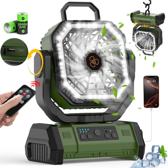 Camping Fan,Portable Outdoor Tent Fans,20000mAh Battery Powered Fan Rechargeable with LED Lantern,Hanging Hook,4 Speeds Wind Remote Control,Tent Fans for Camping Travel Beach Fishing Table,Green