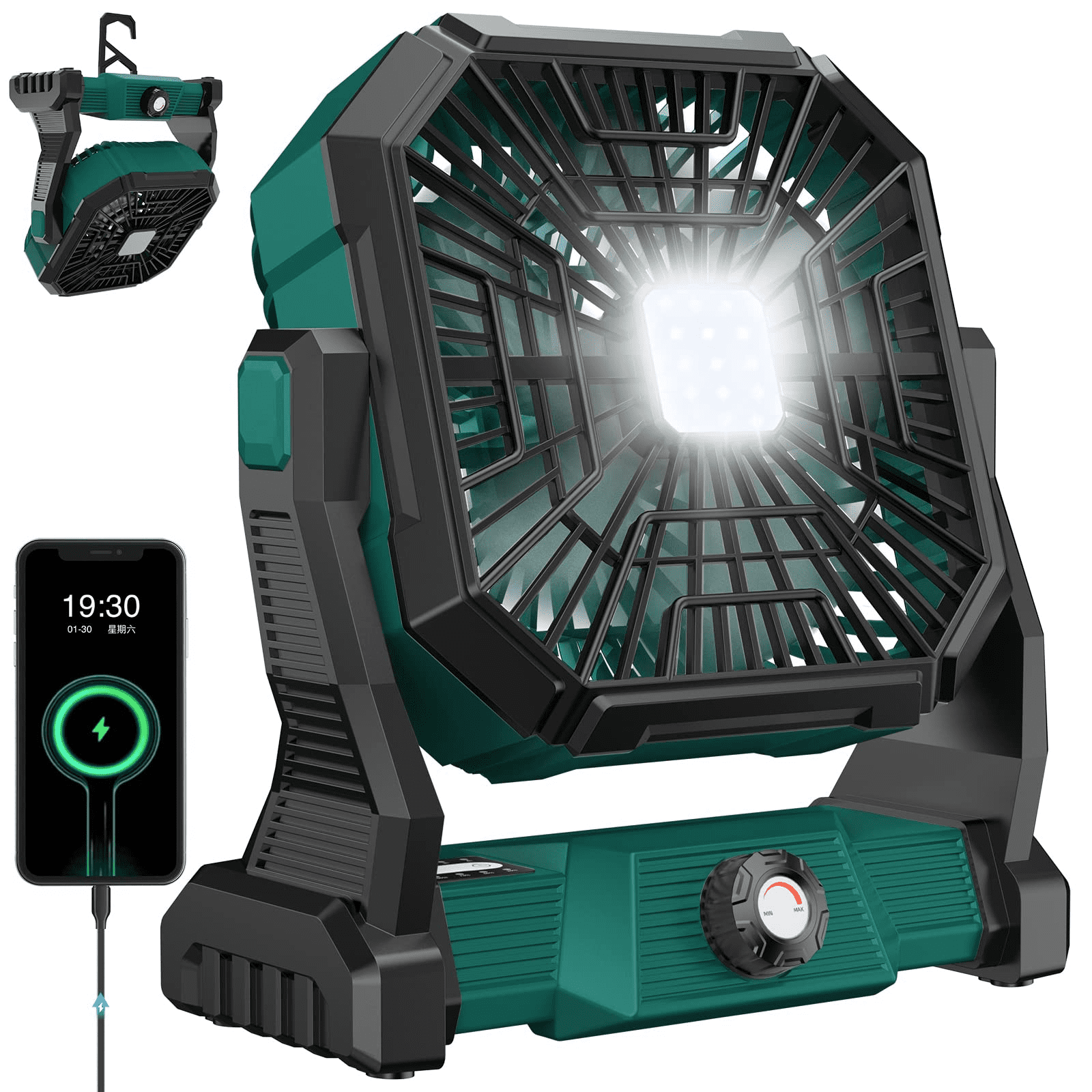Camping Fan Rechargeable,15000mAh 9-inch Battery Powered Fan with LED Lantern,Large Table Fan Cordless,USB Battery Operated Fan for Travel Bedroom Home Camping Tent Office
