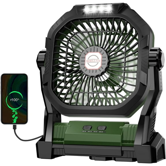 Camping Fan Rechargeable, 20000mAh Battery Powered Portable Fan with LED Light, 4-Speed 180° Adjustable, Camping Essentials for Tent, Travel, Car, Outdoor, Indoor, BBQ, Fishing, Jobsite - Green
