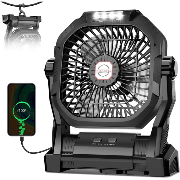 Camping Fan Rechargeable, 20000mAh Battery Powered Portable Fan with LED Light & Hook, 4-Speed 270° Adjustable, Camping Essentials for Tent, Travel, Car, Outdoor, Indoor, BBQ, Fishing, Jobsite