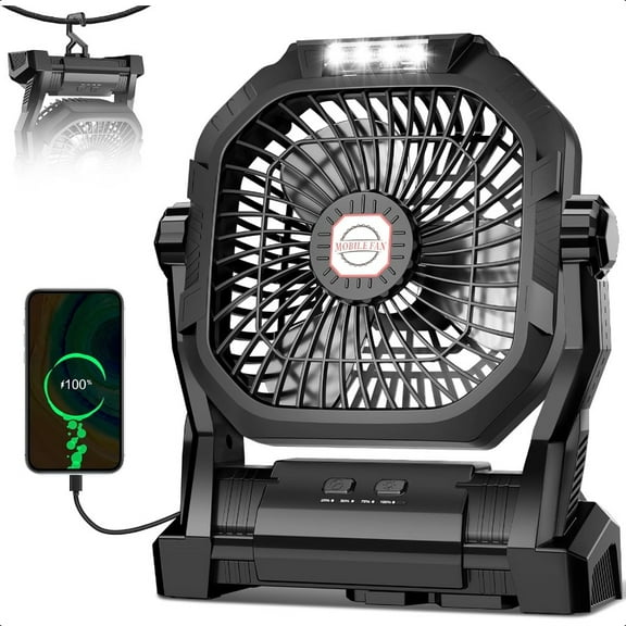 Camping Fan Rechargeable 20000mAh Battery Powered Portable Fan with LED Light Hook 4Speed 270 Adjustable Camping entials for Te