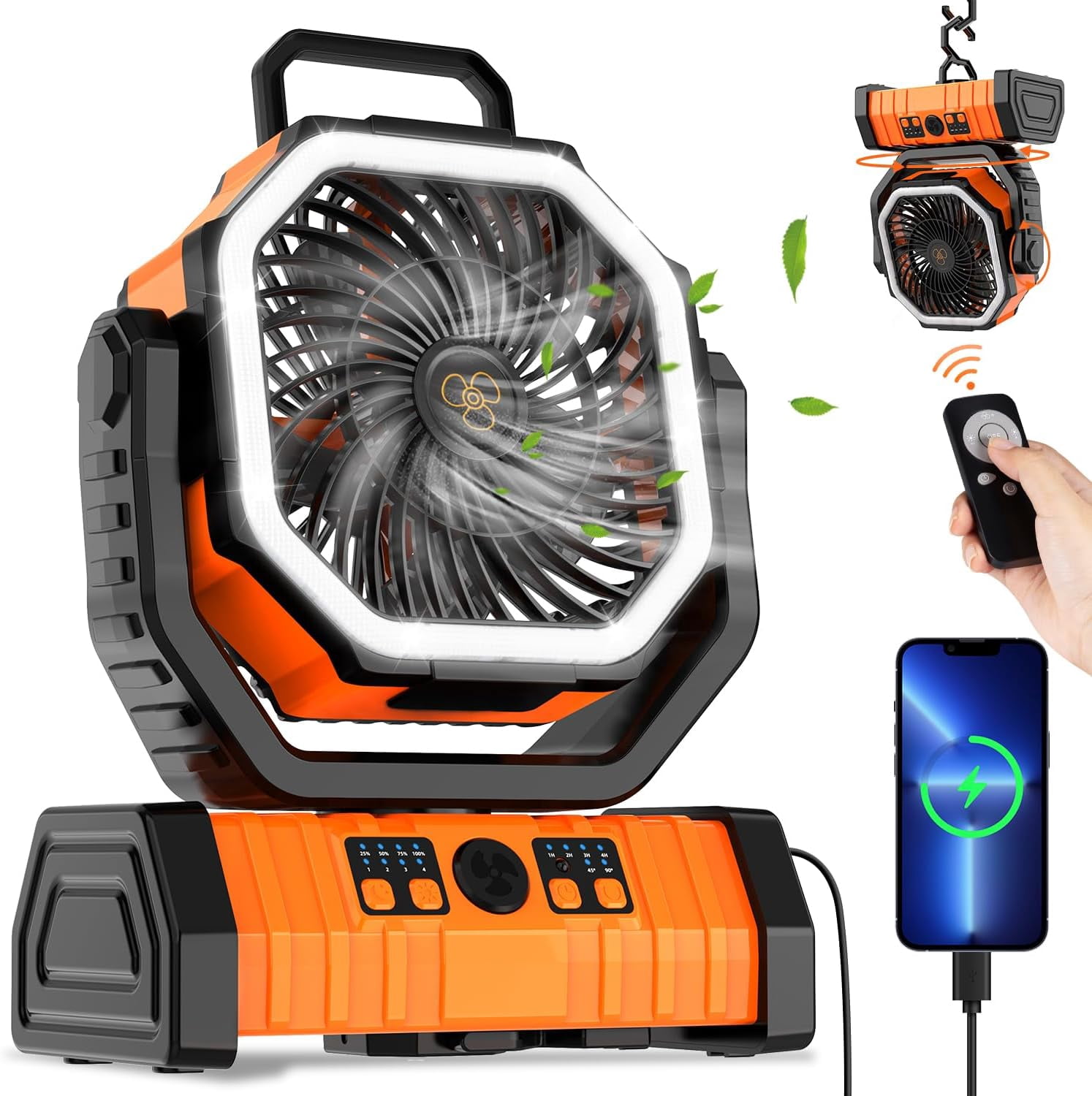 20000mAh Large Battery Powered Fan, 4Speed Rechargeable Fan Portable with Remote, Battery Operated Fans with LED Light and Hanging Hook