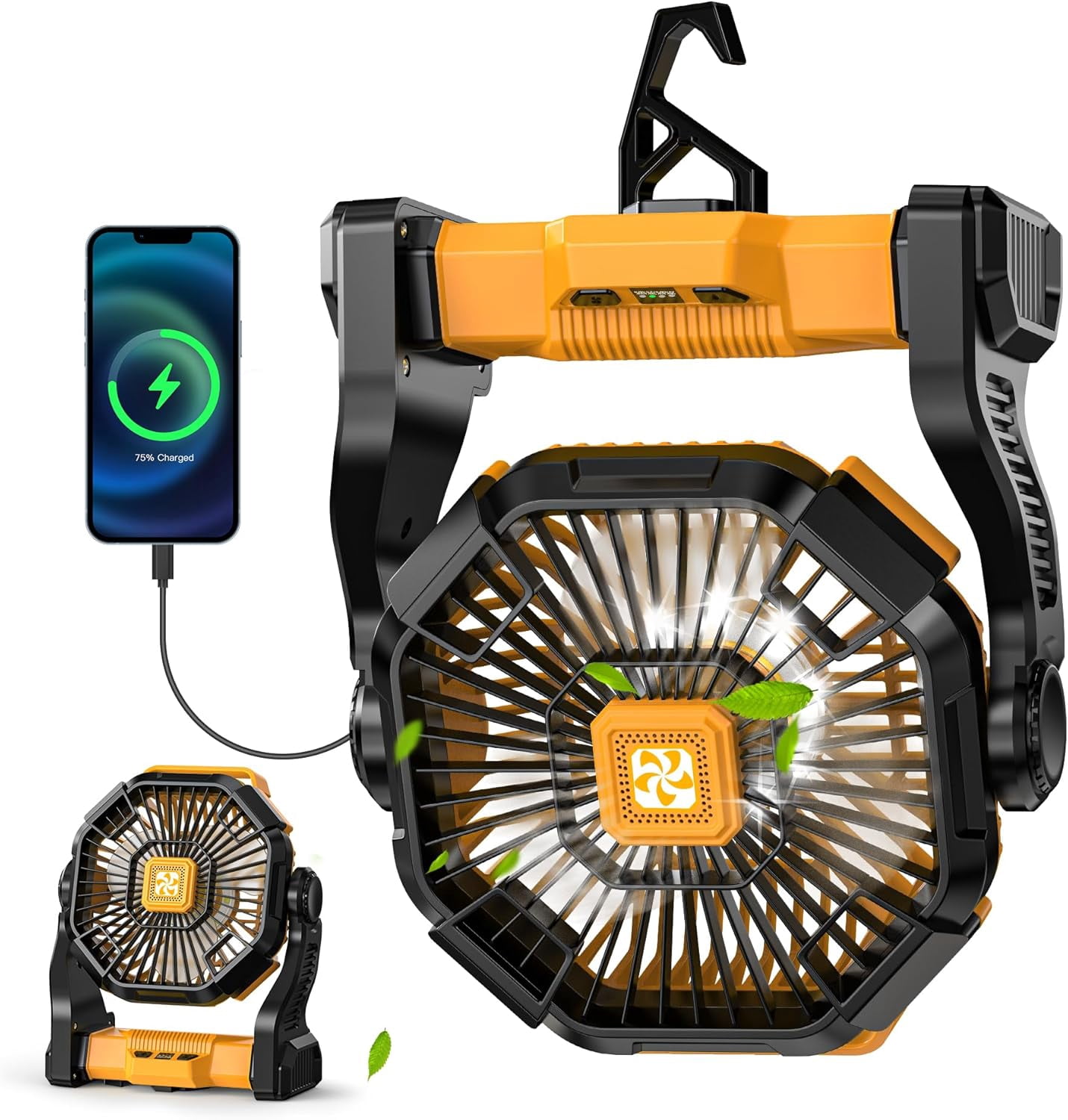 Camping Fan Rechargeable - Battery Powered Fans with Light, 20000mAh Portable Camping Fan for Tents, Hook, 270° Rotation Battery Operated Fans for BBQ Travel Desk Beach with Ventilador Recargable