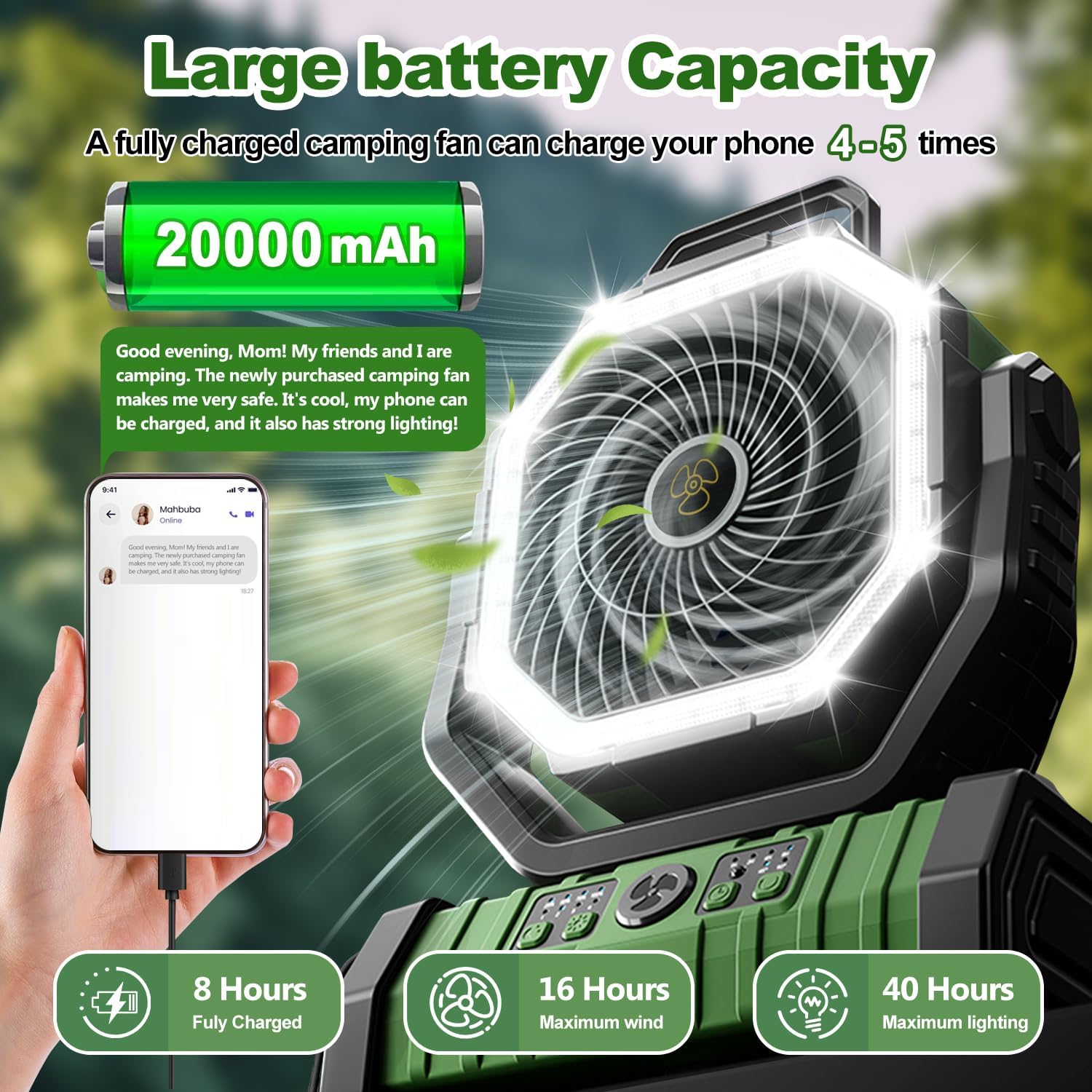 Camping Fan Rechargeable, F6 20000mAh Portable Outdoor Fan with LED Lantern, Cordless Battery Powered Operated , 360 °   Hanging Hook , 4 Speeds Desk Fan for Travel , Tent , Fishing , Beach (Green)