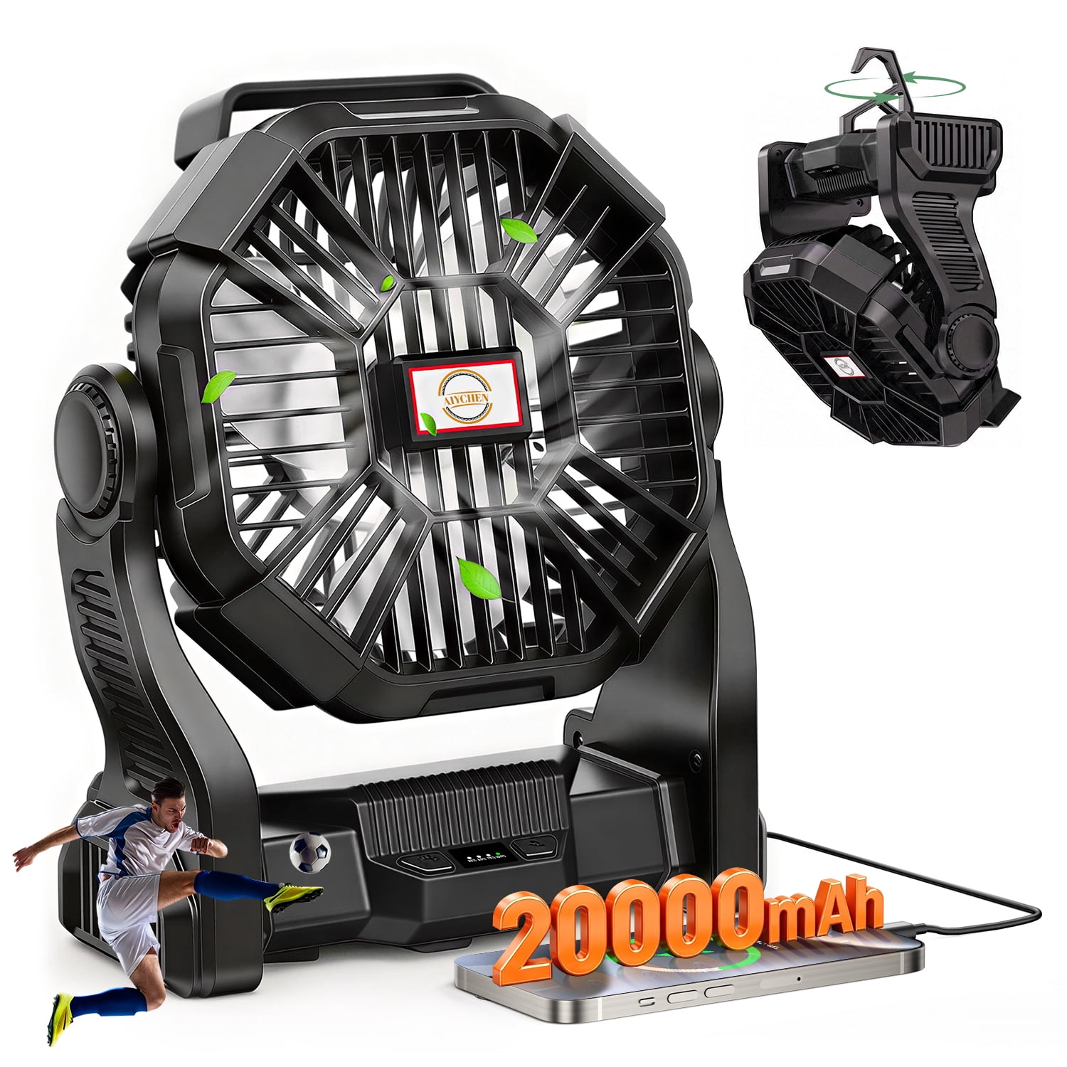 20,000mAh Portable Camping Fan with LED Lantern, Rechargeable Battery Operated Outdoor Fan, 4 Speeds, 270° Rotation, Power Bank Function for Tent, Hiking, Fishing, Emergency, Sports & Game Day, Black