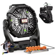 20,000mAh Portable Camping Fan with LED Lantern, Rechargeable Battery Operated Outdoor Fan, 4 Speeds, 270  Rotation, Power Bank Function for Tent, Hiking, Fishing, Emergency, Sports & Game Day, Black