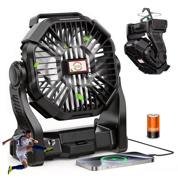 20,000mAh Portable Camping Fan with LED Lantern, Rechargeable Battery Operated Outdoor Fan, 4 Speeds, 270° Rotation, Power Bank Function for Tent, Hiking, Fishing, Emergency, Sports & Game Day, Black