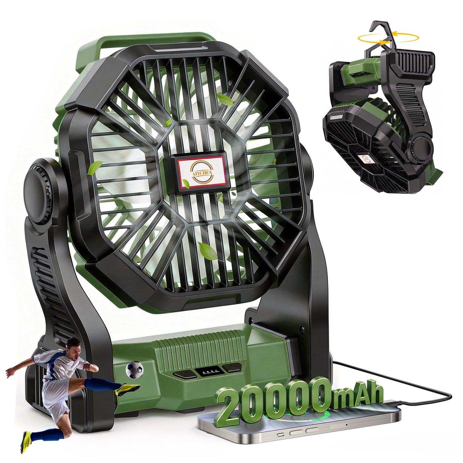 20,000mAh Portable Camping Fan with LED Lantern, Rechargeable Battery Operated Outdoor Fan, 4 Speeds, 270° Rotation, Power Bank Function for Tent, Hiking, Fishing, Emergency, Sports & Game Day, Green