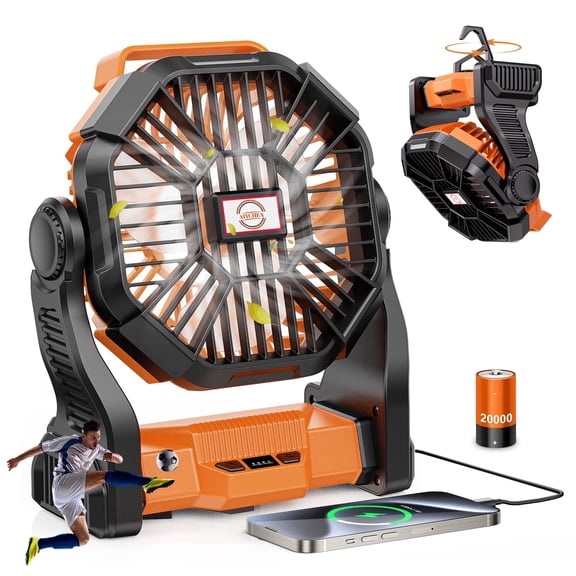 Camping Fan with LED Lantern, 20,000mAh Portable Battery Operated Outdoor Fan, Personal Rechargeable Fan for Travel, Hiking, Fishing, Picnic（Orange）