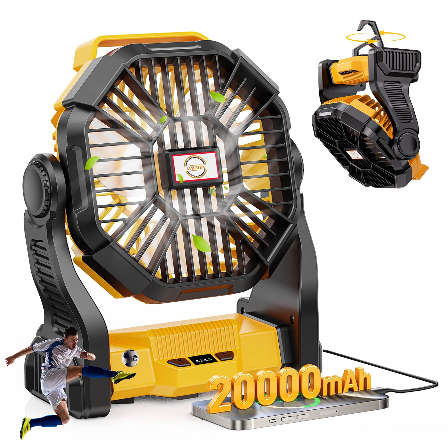 20,000mAh Portable Camping Fan with LED Lantern, Rechargeable Battery Operated Outdoor Fan, 4 Speeds, 270° Rotation, Power Bank Function for Tent, Hiking, Fishing, Emergency, Sports & Game Day, Yello