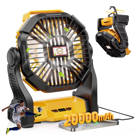 20,000mAh Portable Camping Fan with LED Lantern, Rechargeable Battery Operated Outdoor Fan, 4 Speeds, 270° Rotation, Power Bank Function for Tent, Hiking, Fishing, Emergency, Sports & Game Day, Yello