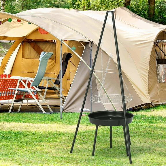 Camping Fire Pit Portable, Outdoor Height-Adjustable Hanging Tripod with Stainless Steel Barbecue Net and Charcoal Barbecues Grill Tall Garden Patio Heater for Campfire Cooking Pot Rack black