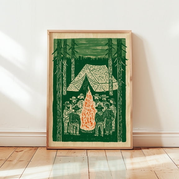 Camping Fire Poster Green Forest Print Paper Wall Art 2