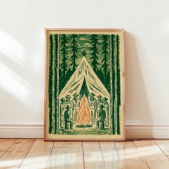 Camping Fire Poster Green Forest Print Paper Wall Art 6