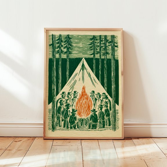 Camping Fire Poster, Green Forest Print, Paper Wall Art , Poster Print Only