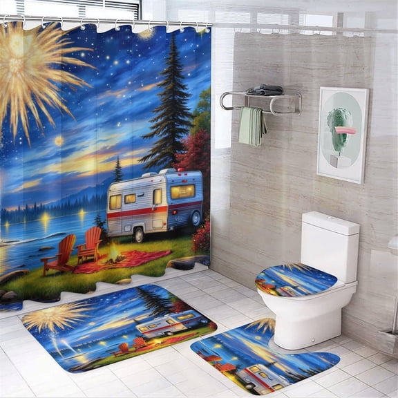 Camping Fireworks Lake View Shower Curtain Sets Non-Slip Rugs Bath Mat Toilet Cover U Shaped Mat 4 Pcs