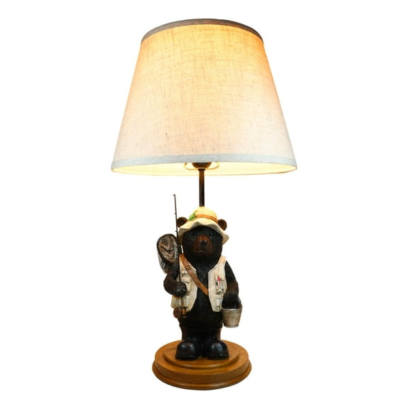 Camping Fisherman Angler Bear Going Fishing With Pole Net And Bucket Table Lamp