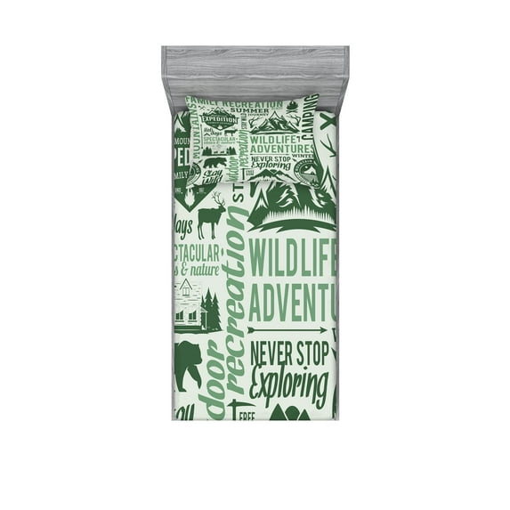 Camping Fitted Sheet & Pillow Sham Set, Outdoors Recreation Wildlife Adventures Stay Wild Freedom Lettering, Decorative Printed 4 Piece Bedding Decor Set, Twin, Pale Green Dark Green, by Ambesonne