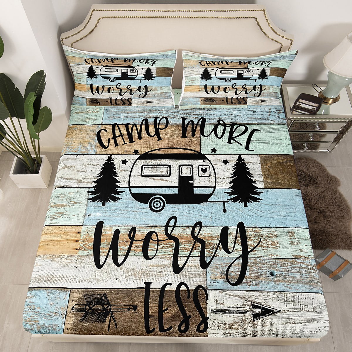 Camping Fitted Sheet Full,Camper Themed Bedding Set Camper Decor,RV