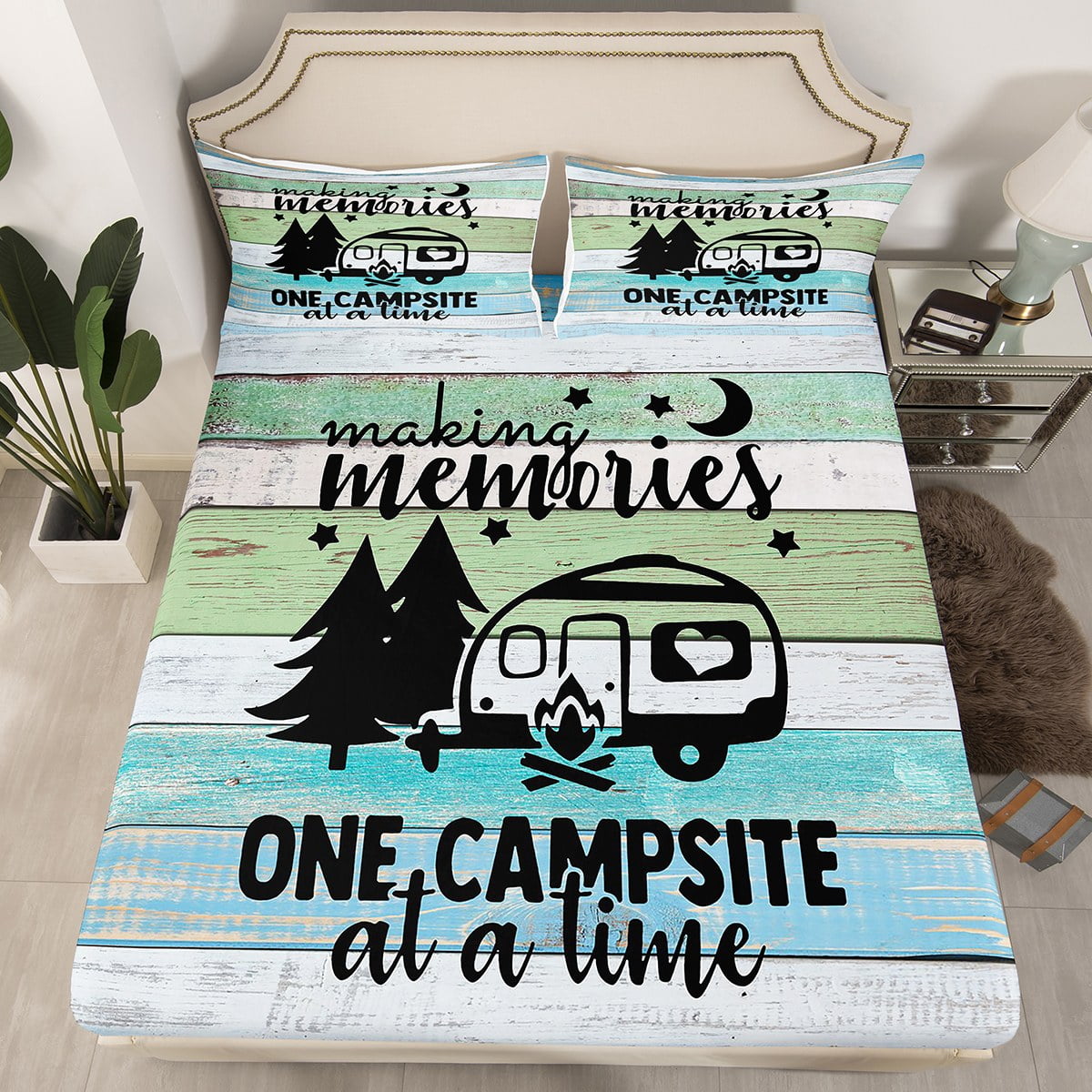 Camping Fitted Sheet Full,Camper Themed Bedding Set Camper Decor,RV