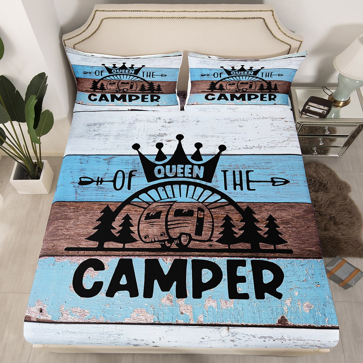 Camping Fitted Sheet Full,Camper Themed Bedding Set Camper Decor,RV