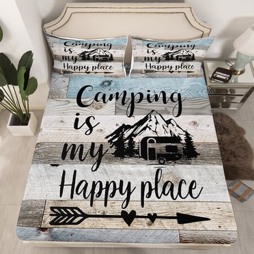Camping Bedding Set For Tent Camping Rules Bed Sheets Rv Full Fitted Sheet Camper Boys Girls Rustic Farmhouse Decor Sheets Vintage Wooden Fitted Bed