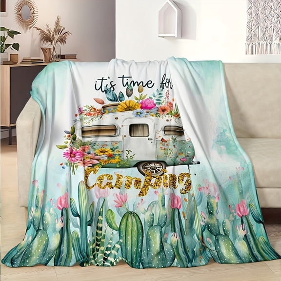 Camping Flannel Blanket Camping Themed Flannel Blanket Soft Warm Throw with Camper Desert Floral Home Office Travel All Seasons Multi Purpose Gift Blanket Pink Cactus Mountain Travel Blanket