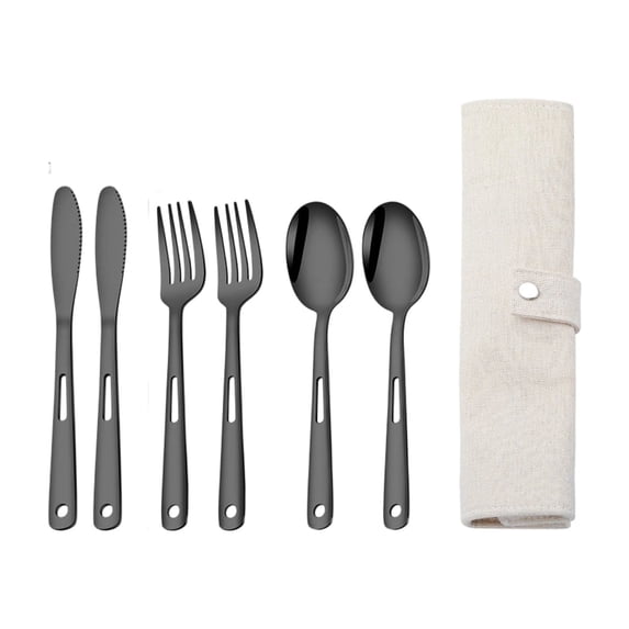 Camping Flatware Set, 7-Piece Stainless Steel Outdoor Utensil Kit with Portable Roll-Up Storage Bag Knife Fork Spoon Set for Hiking Picnic BBQ and Travel, Black
