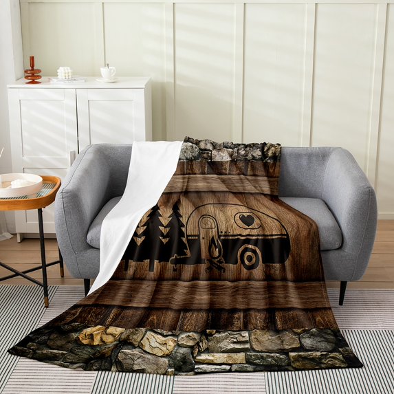 Camping Fleece Blanket For Home Room Decor,Rv Travel Fuzzy Blanket,Rustic Farmhouse Throw Blanket,Vintage Lodge Flannel Blanket For Travel,Retro Wooden Planks Blanket 30X40,Warm