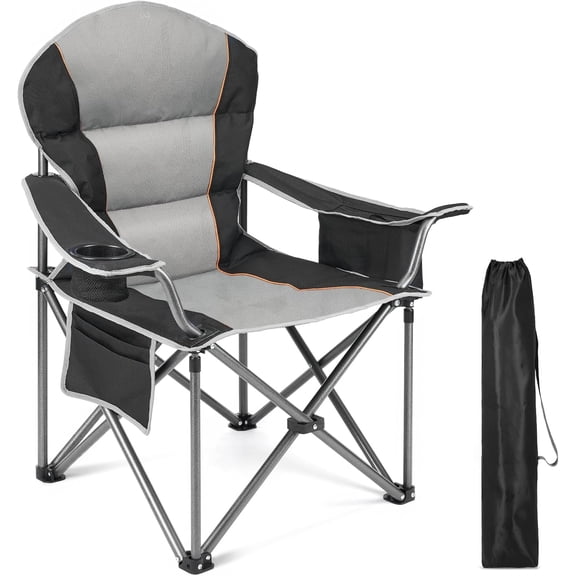Camping Folding Chair, Heavy Duty Support - Foldable Padded Seat with Side Pockets, Cup Holder & Insulated Cooler Bag for Camping, Beach, Fishing, Outdoor Events, BlackGrey