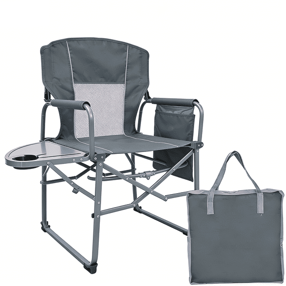 Camping Folding Chairs for Outside, Foldable Camp Chairs for Adults Heavy Duty, Oversized Directors Camping Chair with Table for Picnic, Lawn Large Comfy Camping Chair, 350 LBS Capacity, GREY