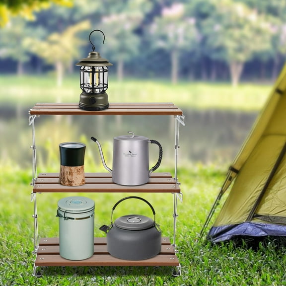 Camping Folding Storage Rack 3-Tier Natural Wood Desktop Organizing Rack