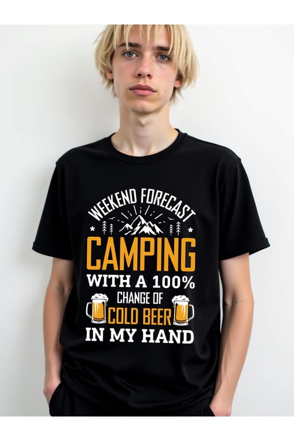 Camping Forecast: Beer in Hand mens funny t shirts black graphic funny Daytime and weekend wear Retro Unisex Shirt Short Sleeve tshirts